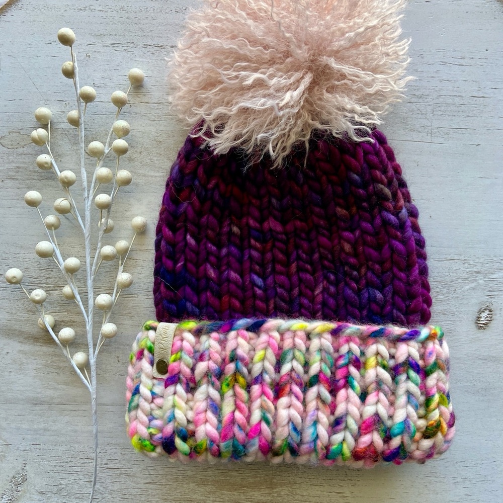 Hand Knit Chunky Beanie - Faux Fur Pom - Malabrigo Rasta Yarn